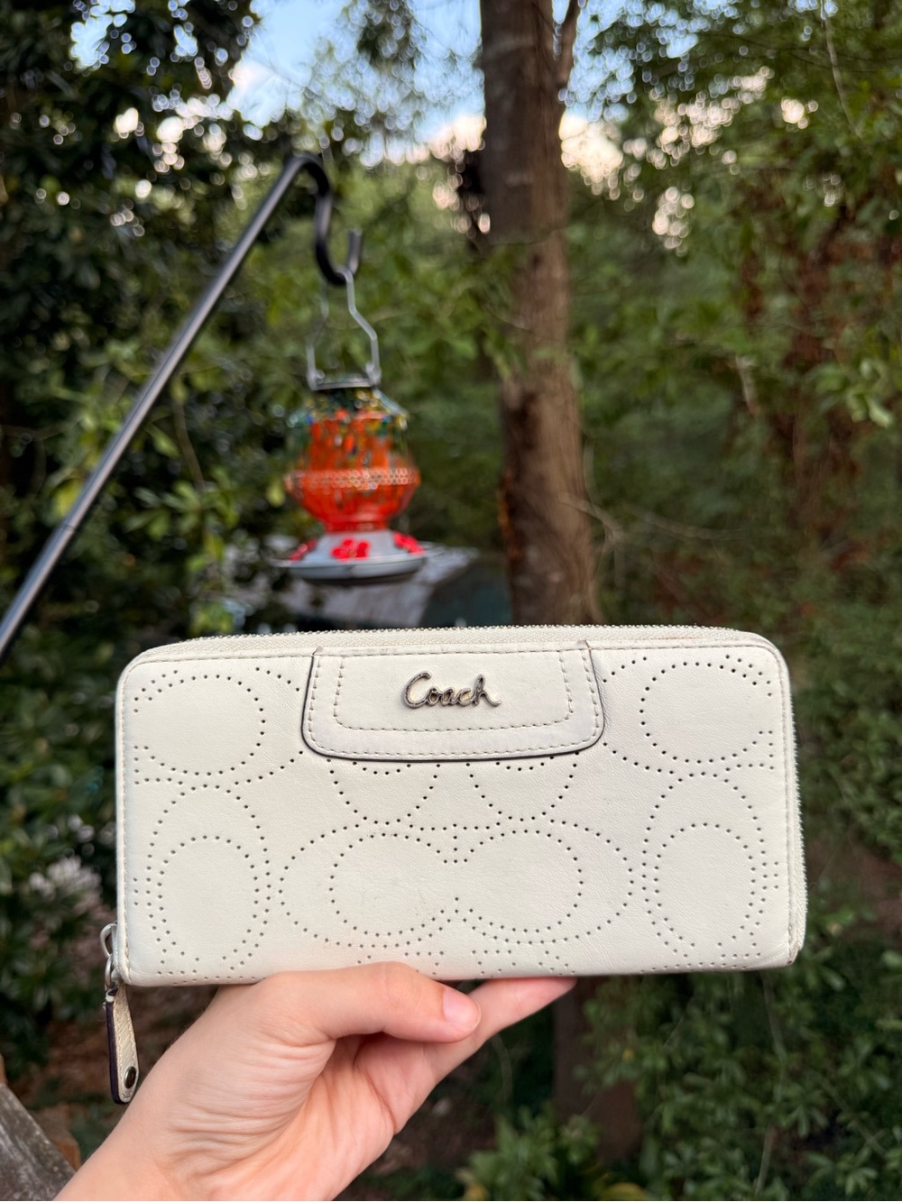 Coach White Perforated Leather Zip Wallet